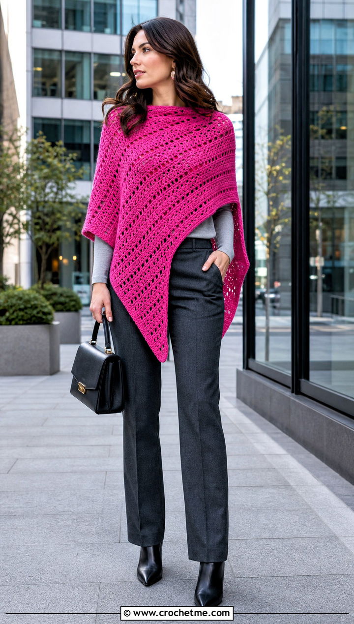 Asymmetrical Crochet Poncho With Tailored Trousers - 30 woman winter crochet poncho outfit ideas