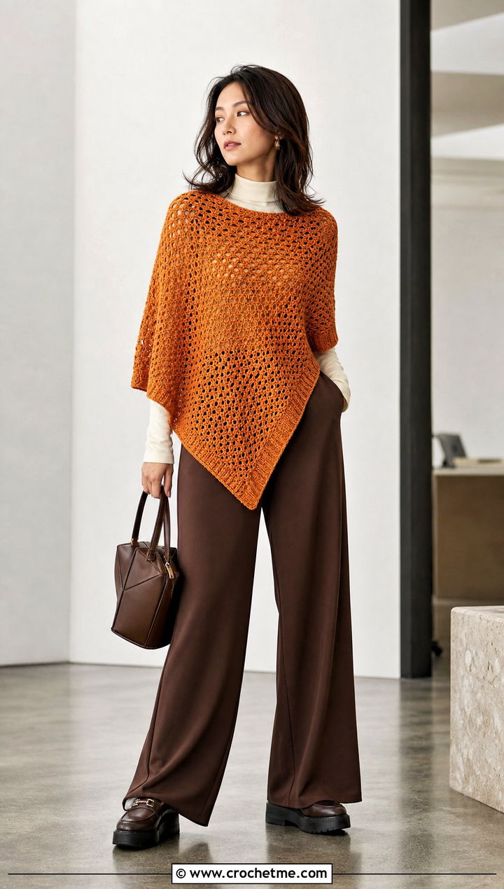Asymmetrical Crochet Poncho With Wide Leg Pants - 25 Simple Crochet Poncho outfit ideas