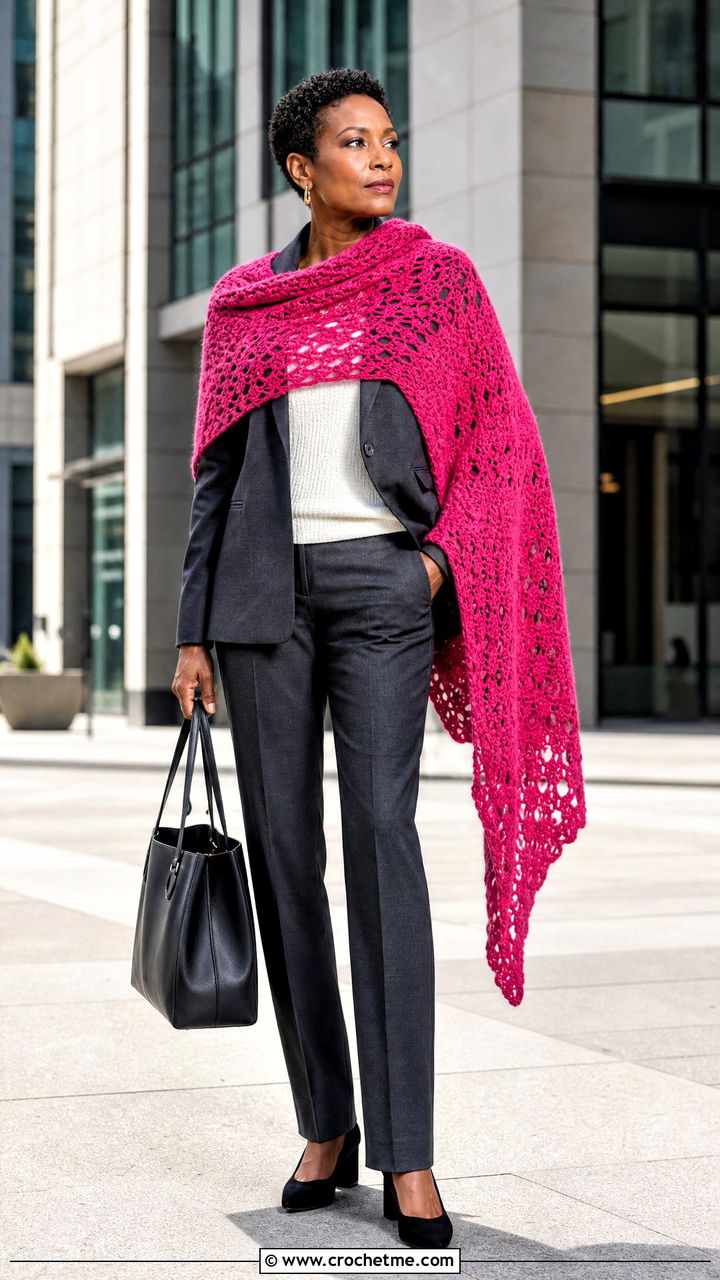 Asymmetrical Crochet Prayer Shawl With Blazer And Trousers - 35 easy crochet prayer shawls outfit ideas