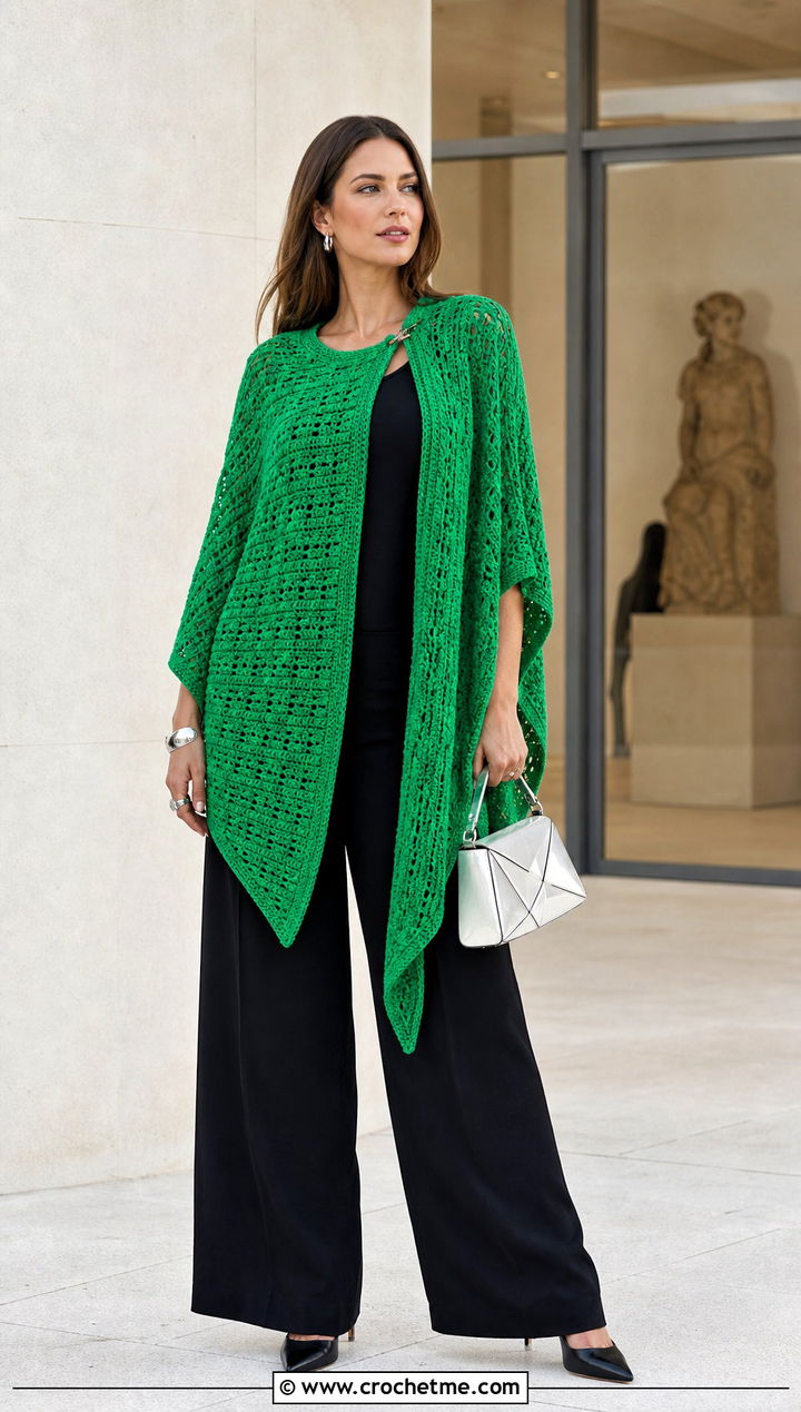 Asymmetrical Crochet Ruana With Top And Wide Leg Pants - 15 easy crochet ruana outfit ideas