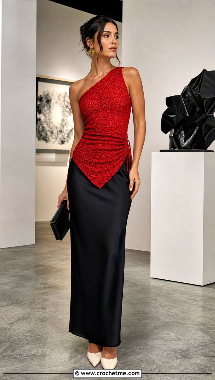 Asymmetrical Crochet Ruched Top With Column Skirt - 30 crochet ruched top outfit ideas