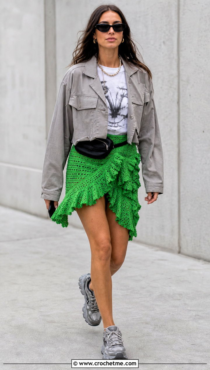 Asymmetrical Crochet Ruffle Mini Skirt With Graphic T Shirt - 15 crochet ruffle mini skirt outfit ideas