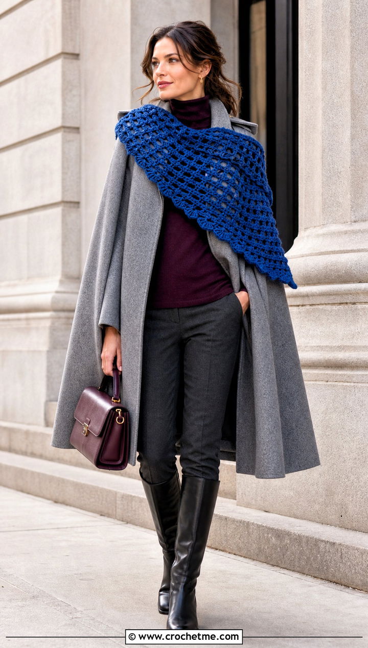 Asymmetrical Crochet Scarf With Cape Coat - 35 fall crochet scarf outfit ideas