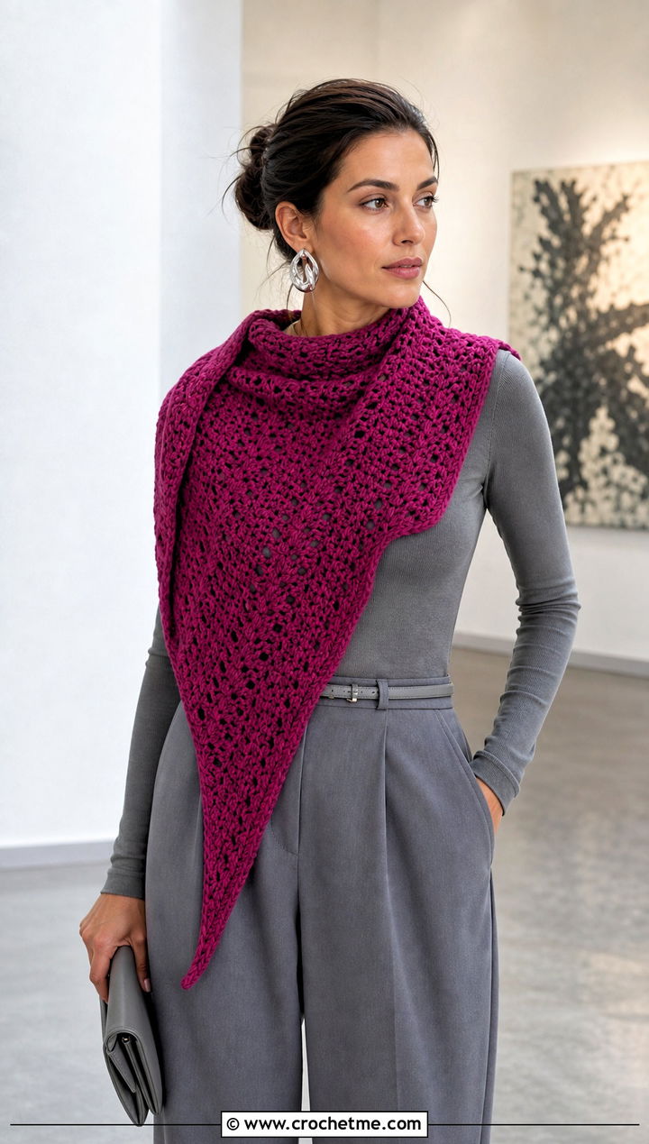 Asymmetrical Crochet Scarf With Monochrome Outfit - 25 Multifunctional Crochet Scarf outfit ideas