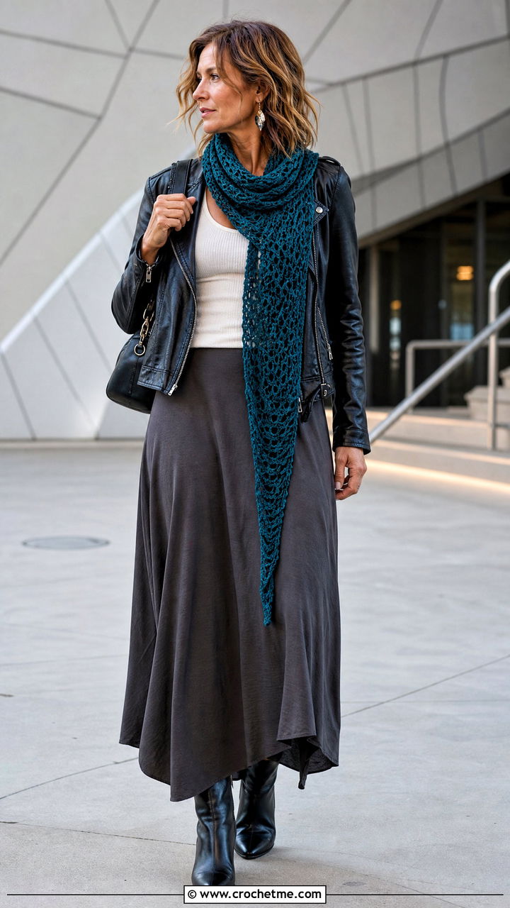 Asymmetrical Crochet Scarf With Moto Jacket and Maxi Skirt - 35 easy one skein crochet scarf outfit ideas