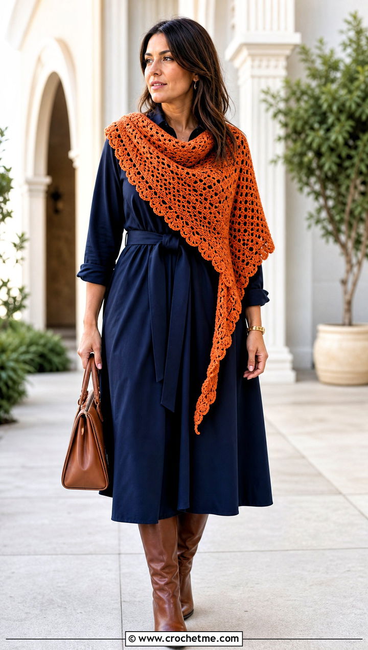 Asymmetrical Crochet Scarf With Shirt Dress And Boots - 15 Dainty Crochet Scarf outfit ideas