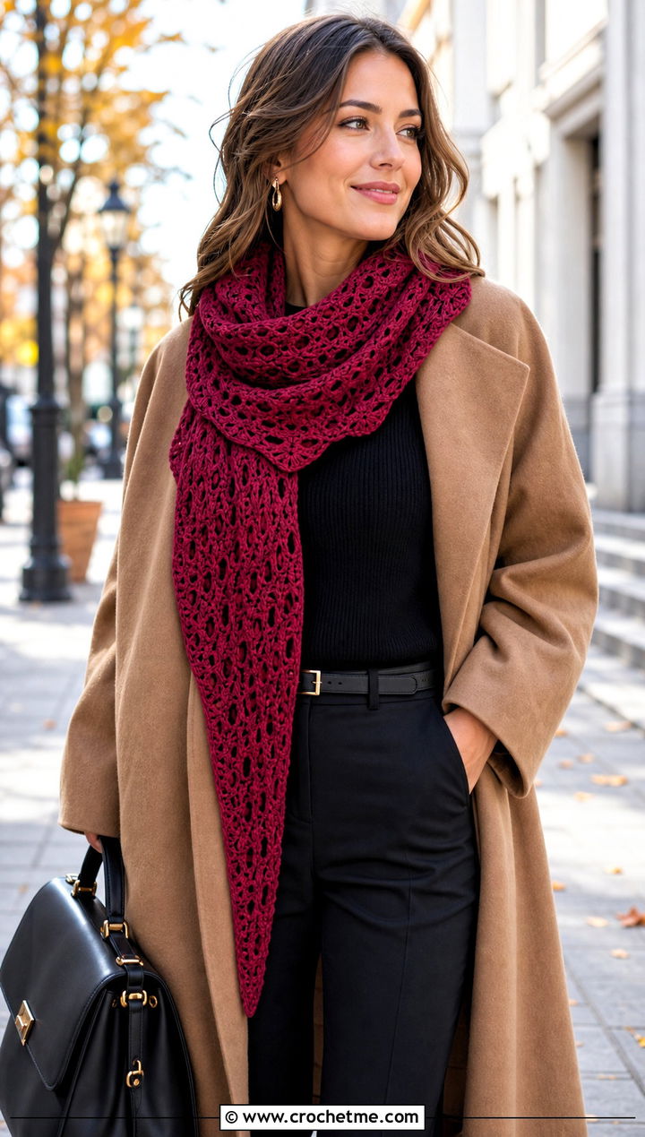Asymmetrical Crochet Scarf With Wrap Coat - 30 autumn crochet scarf outfit ideas
