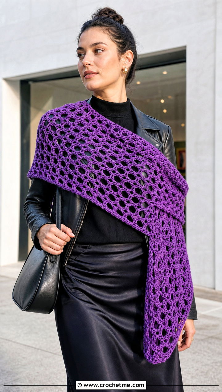 Asymmetrical Crochet Shawl Scarf With Leather Jacket - 30 crochet shawl scarf outfit ideas
