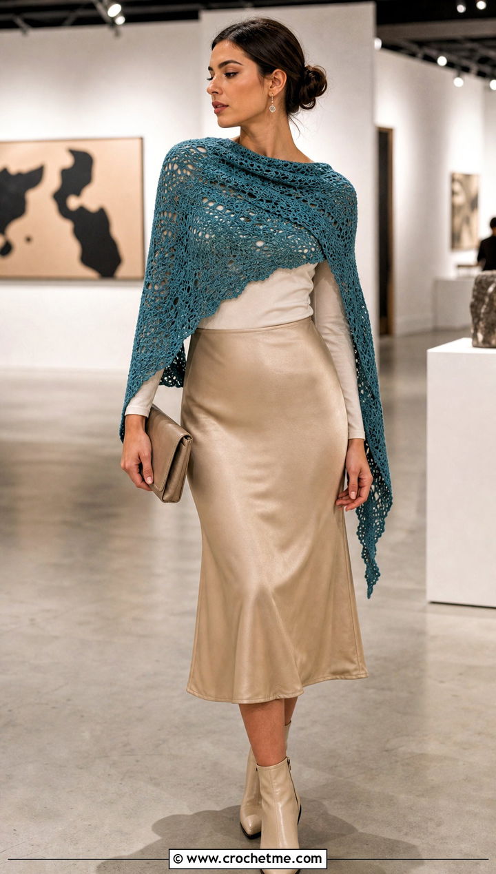 Asymmetrical Crochet Shawl Scarf With Satin Skirt - 25 boho crochet scarf outfit ideas
