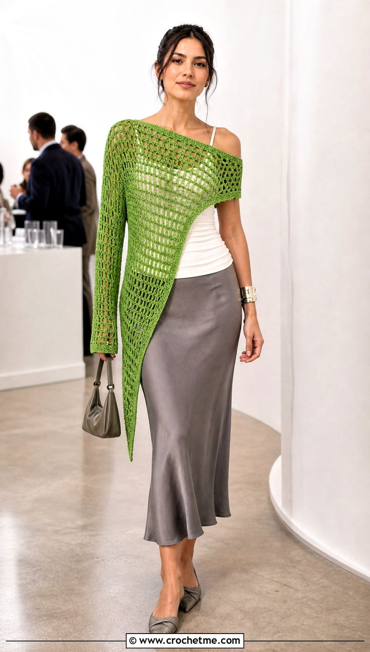 Asymmetrical Crochet Shawl Sweater With Bias Cut Skirt - 25 crochet shawl sweater outfit ideas
