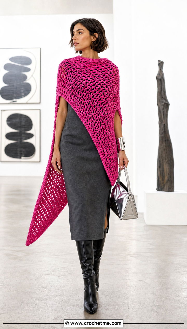 Asymmetrical Crochet Shawl With Arm Holes And Column Dress - 30 crochet shawl with arm holes outfit ideas