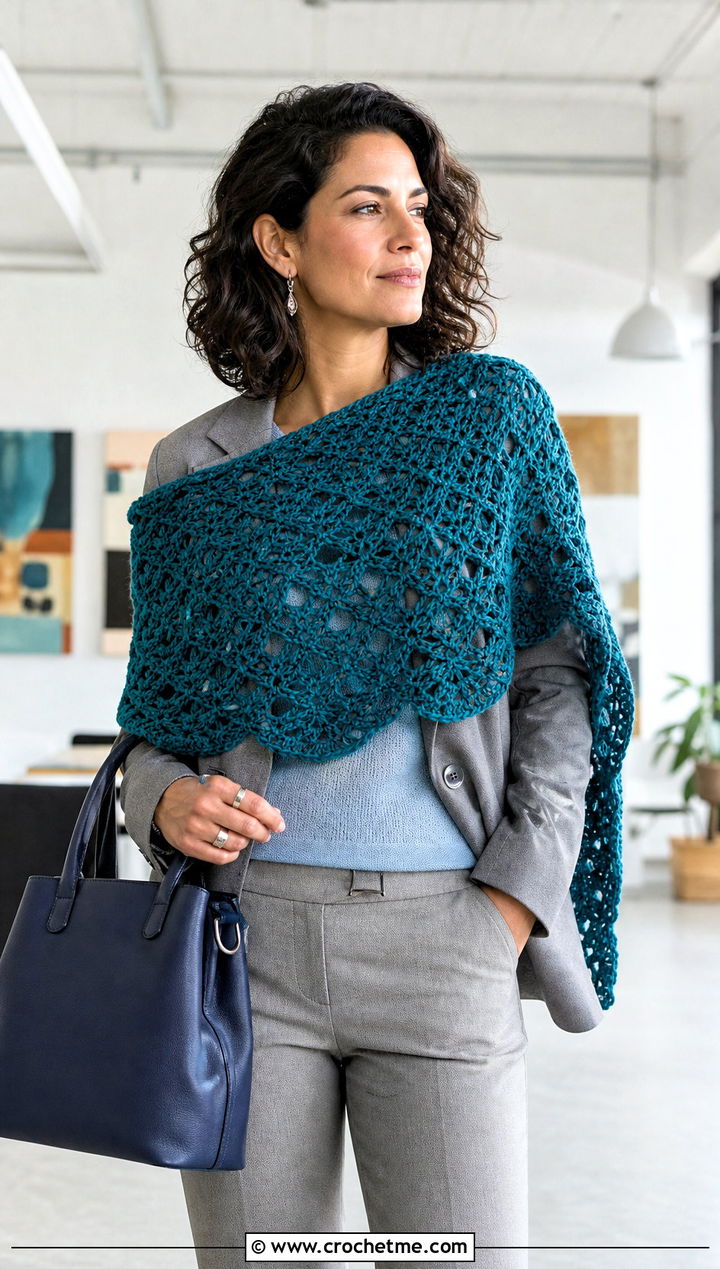 Asymmetrical Crochet Shawl With Blazer And Trousers - 15 Never Ending Crochet Shawl outfit ideas