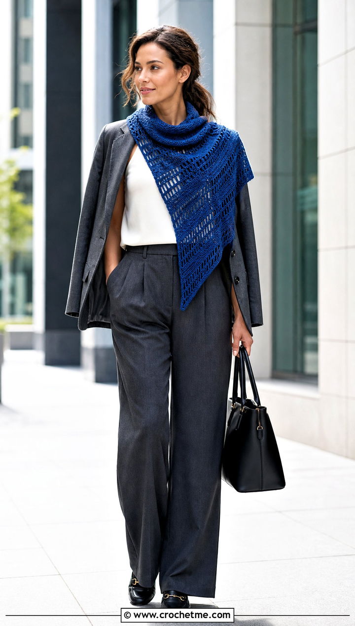 Asymmetrical Crochet Shawl With Blazer And Trousers - 35 quick crochet shawl outfit ideas