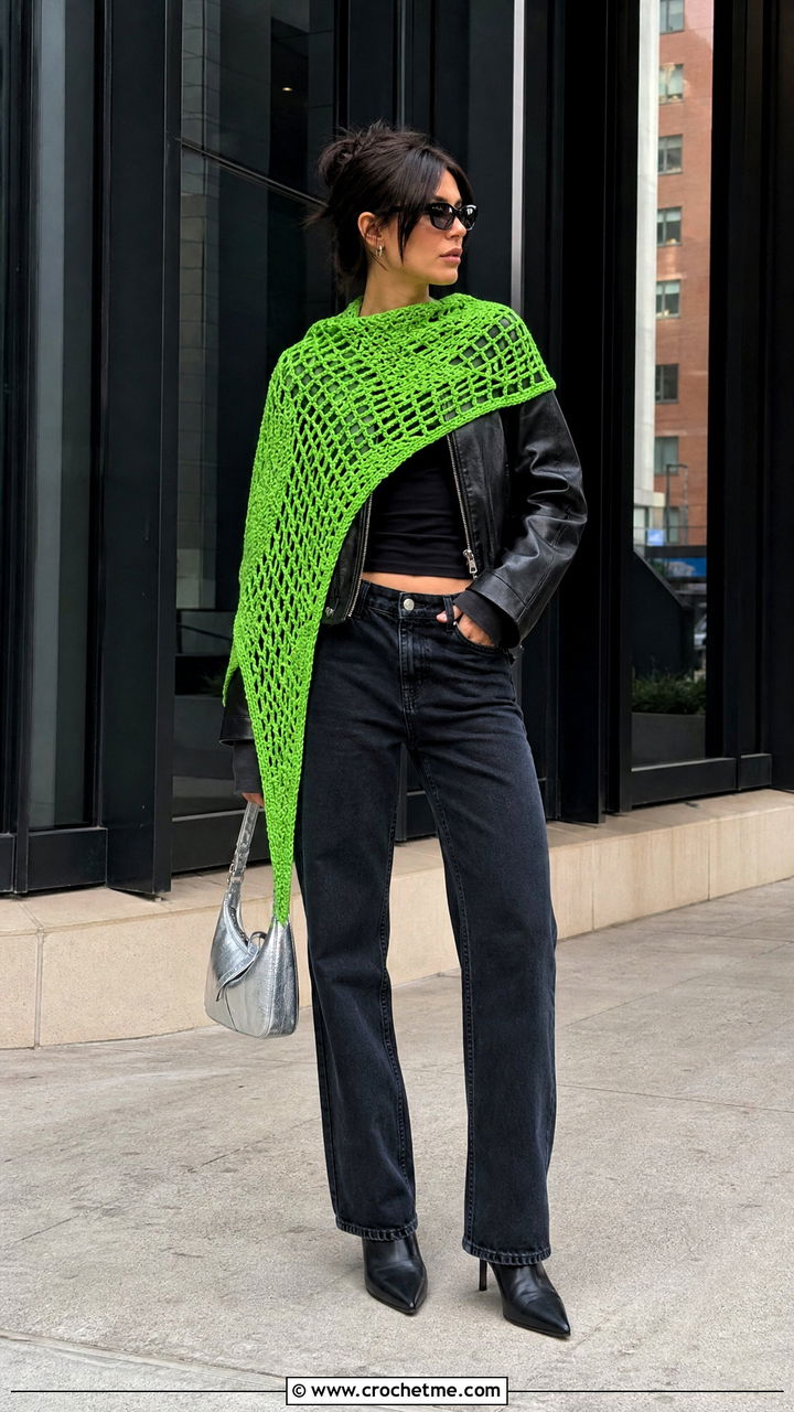 Asymmetrical Crochet Shawl With Leather Jacket - 35 crochet shawls and wraps outfit ideas