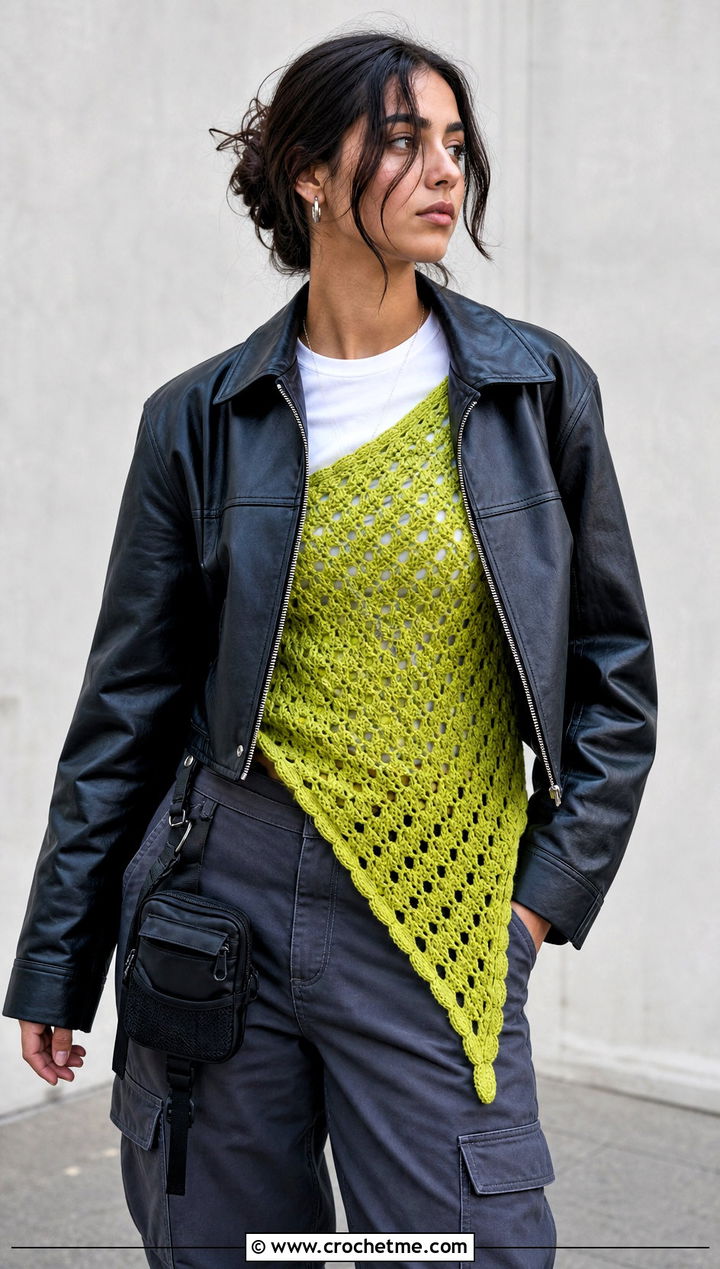 Asymmetrical Crochet Shawl With Leather Jacket - 25 Simple Crochet Shawl outfit ideas