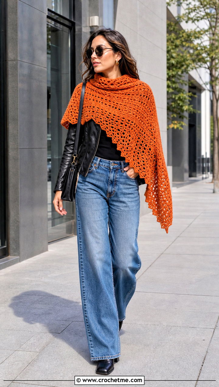 Asymmetrical Crochet Shawl With Leather Jacket - 20 Crochet Shawl Worsted Weight Yarn outfit ideas