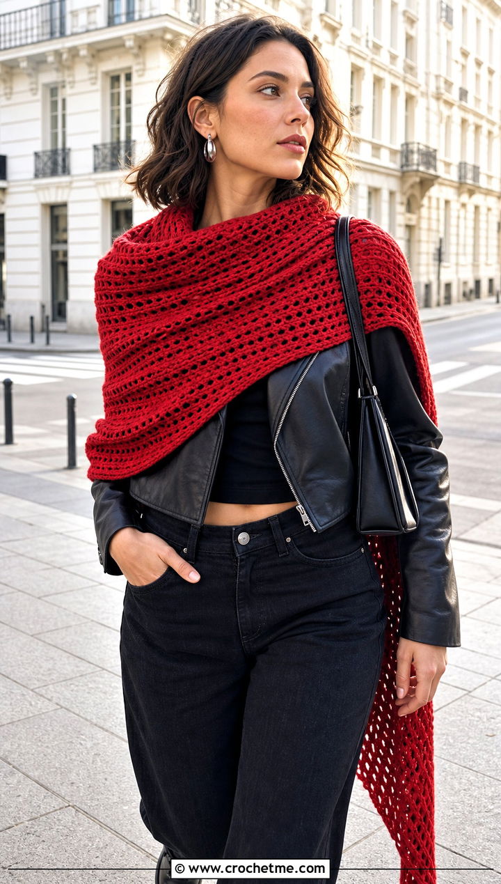 Asymmetrical Crochet Shawl With Leather Jacket And Black Jeans - 15 Easy Crochet Shawls outfit ideas