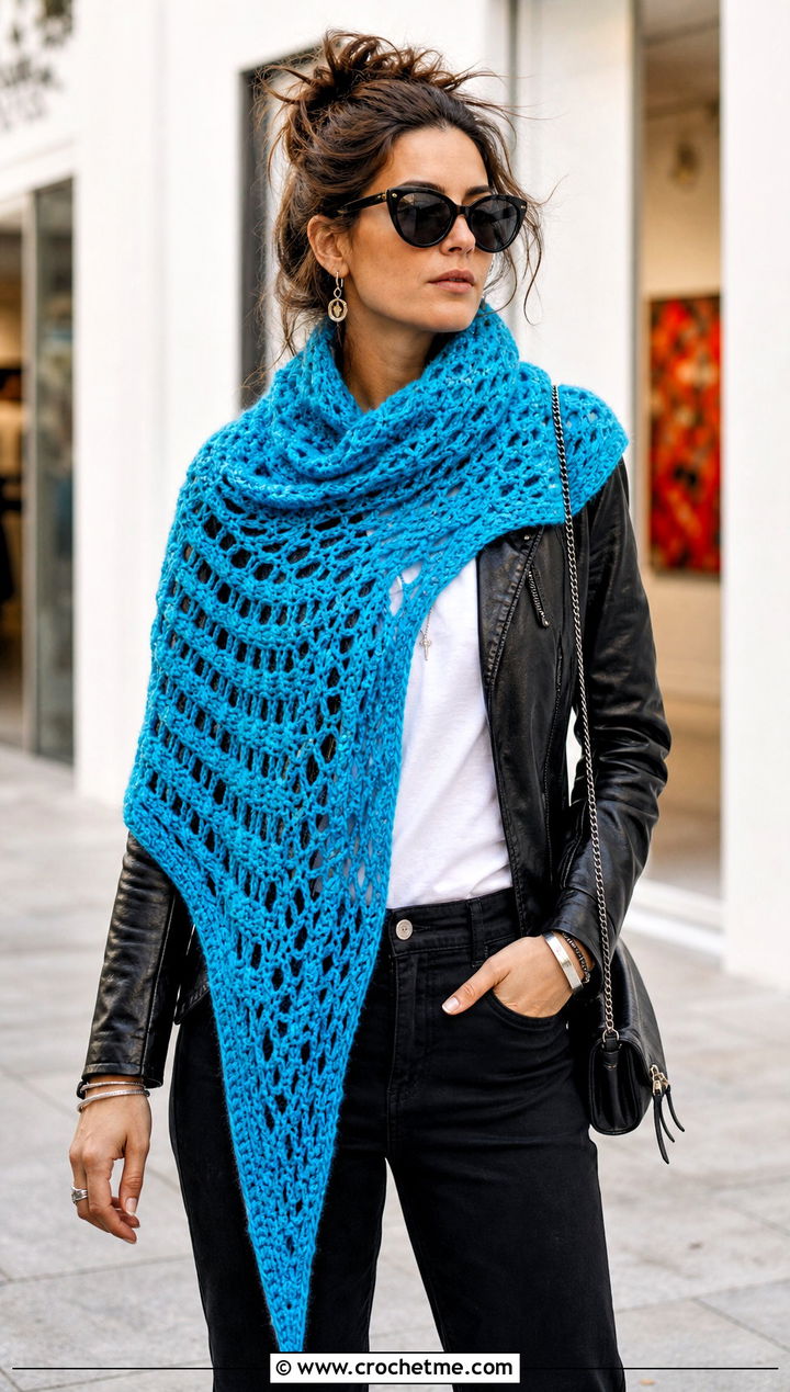 Asymmetrical Crochet Shawl With Leather Jacket And Black Jeans - 25 Spring Crochet Shawl outfit ideas