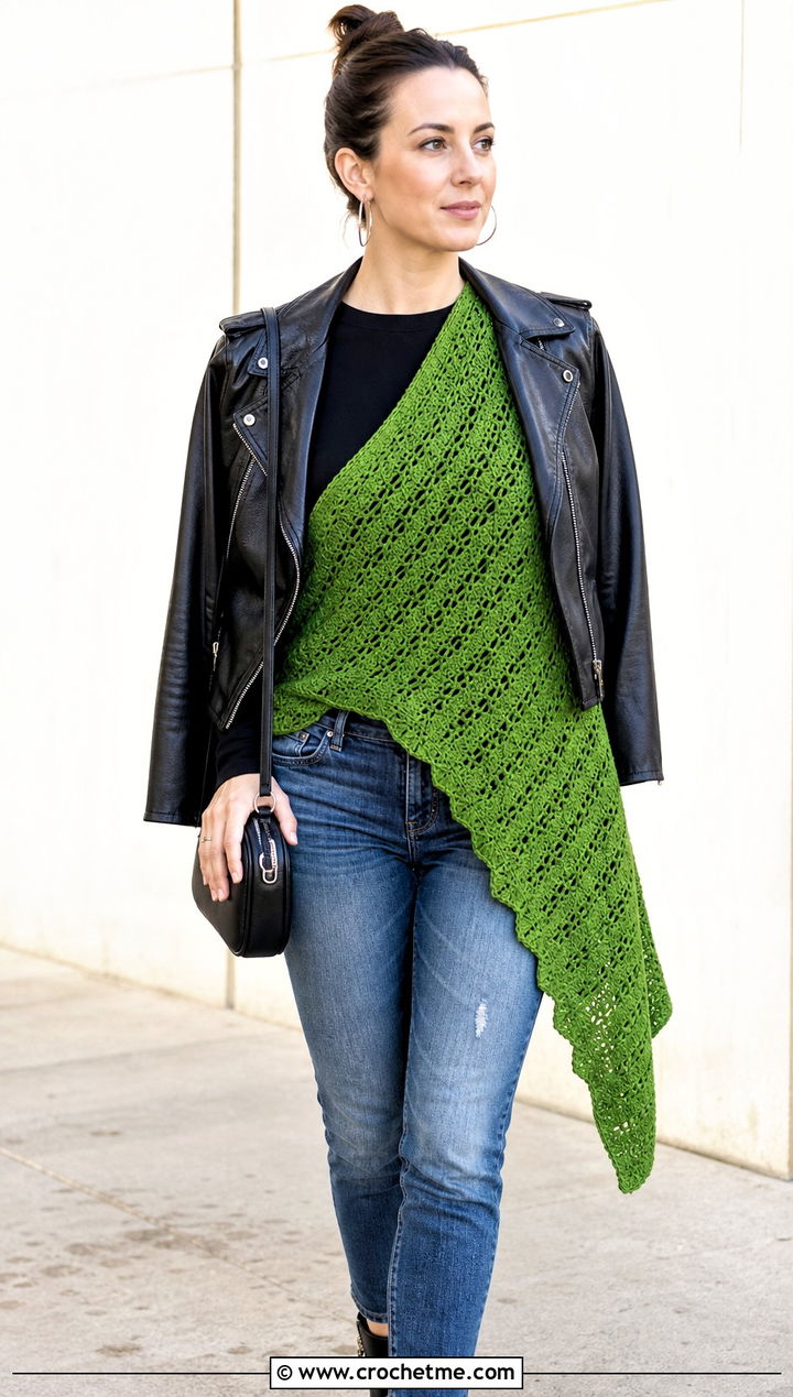 Asymmetrical Crochet Shawl With Leather Jacket And Jeans - 30 boho crochet shawl outfit ideas