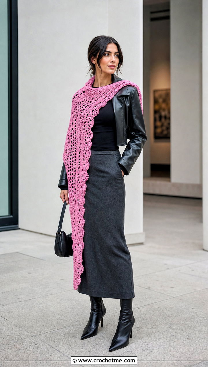 Asymmetrical Crochet Shawl With Leather Jacket And Midi Skirt - 35 easy crochet shawl outfit ideas