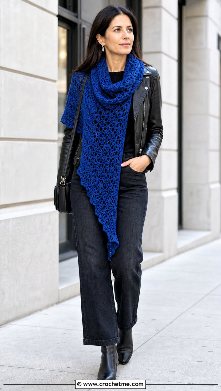 Asymmetrical Crochet Shawl With Leather Jacket - 30 crochet shawl wrap outfit ideas