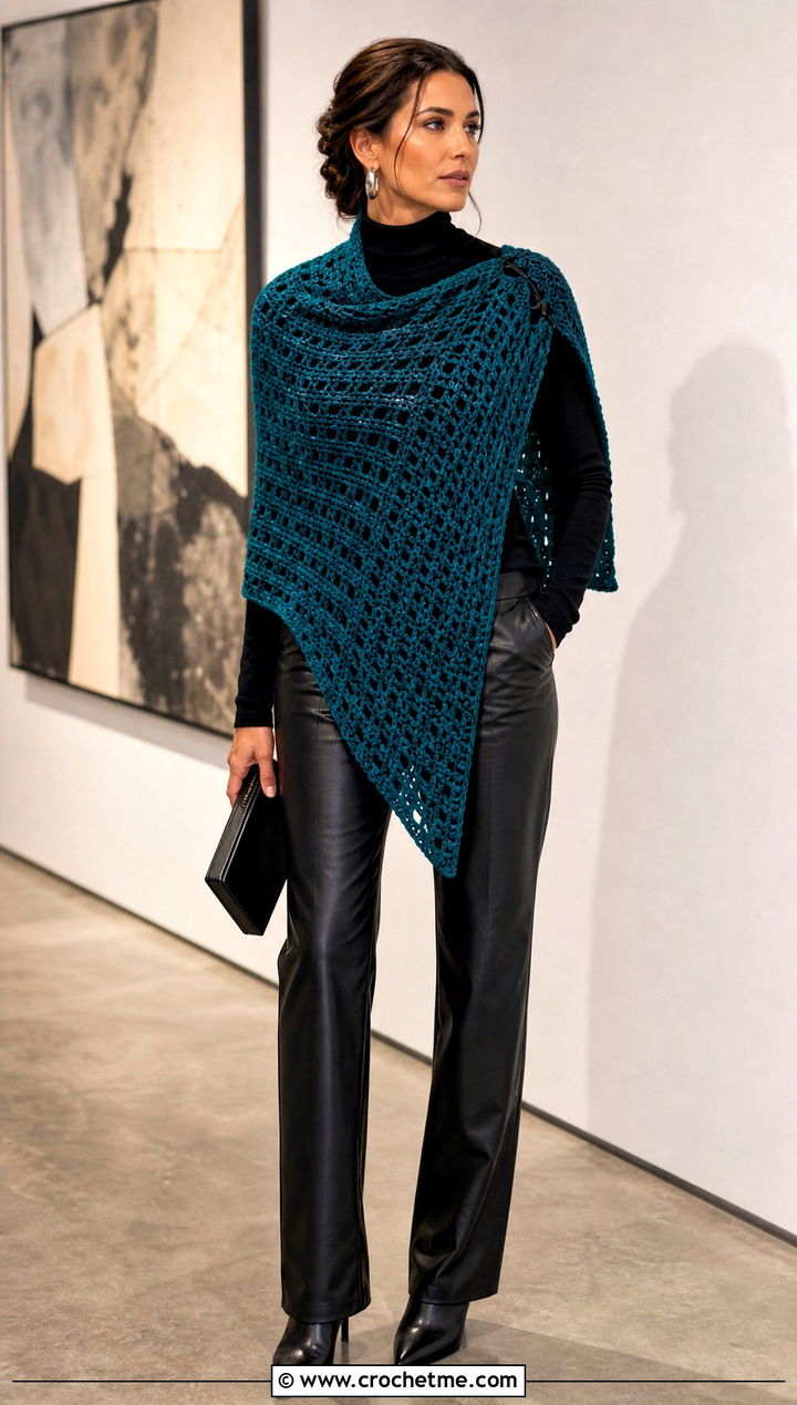 Asymmetrical Crochet Shawl With Leather Pants - 30 winter crochet shawl outfit ideas