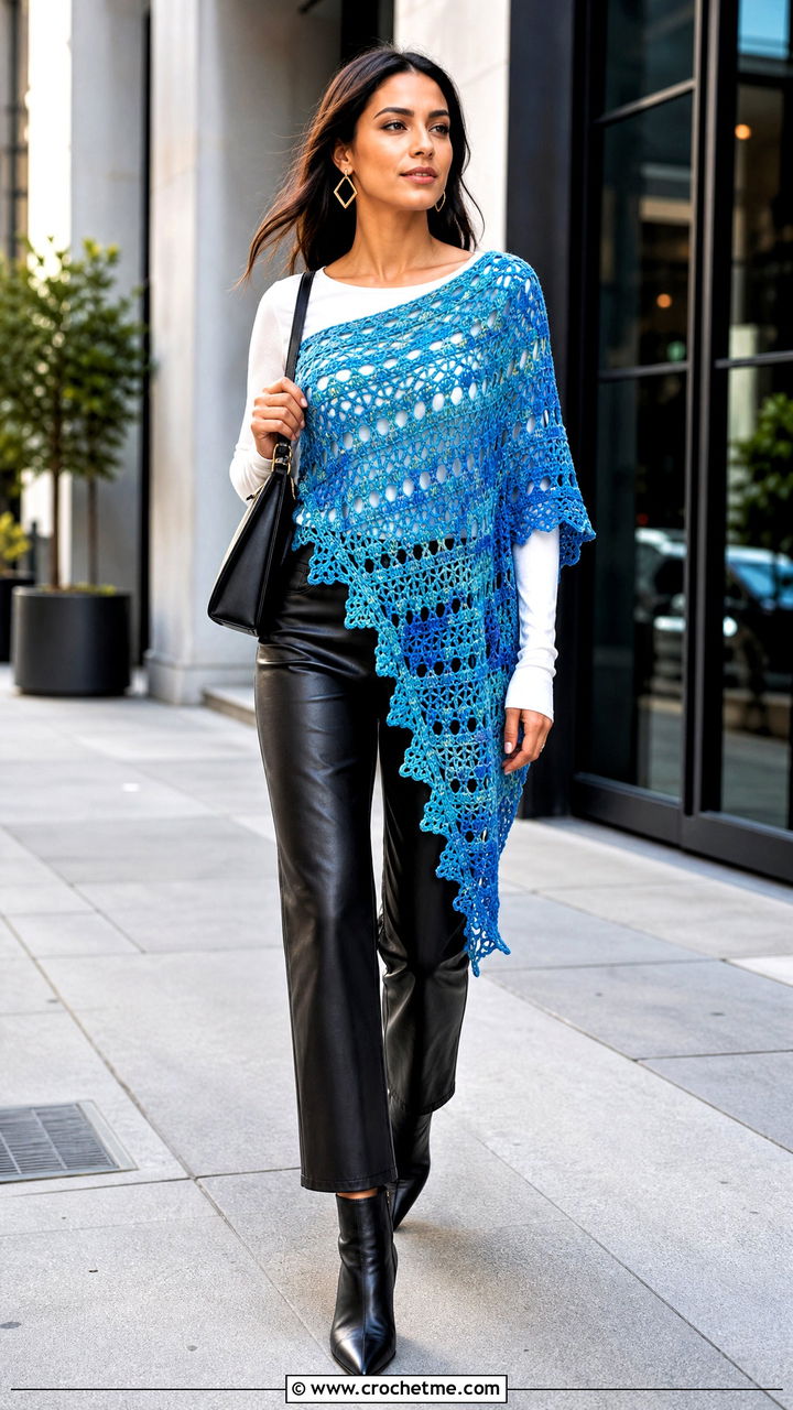 Asymmetrical Crochet Shawl With Leather Pants - 35 Crocheted Shawls And Wraps outfit ideas
