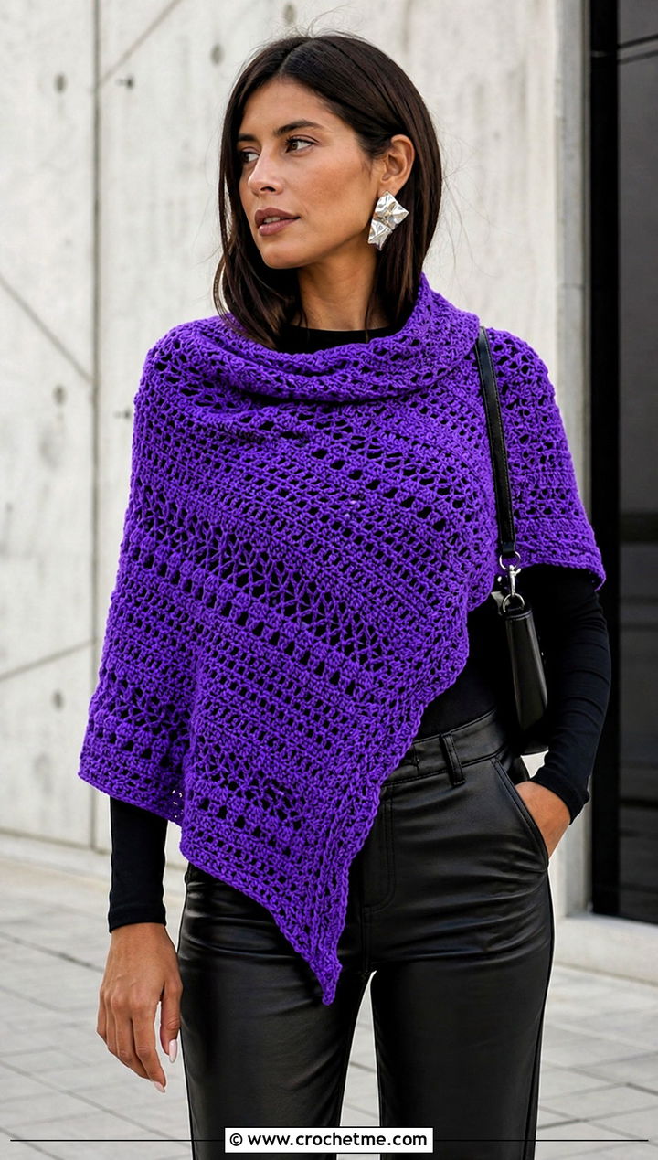 Asymmetrical Crochet Shawl With Leather Pants - 25 Crochet For Shawl outfit ideas