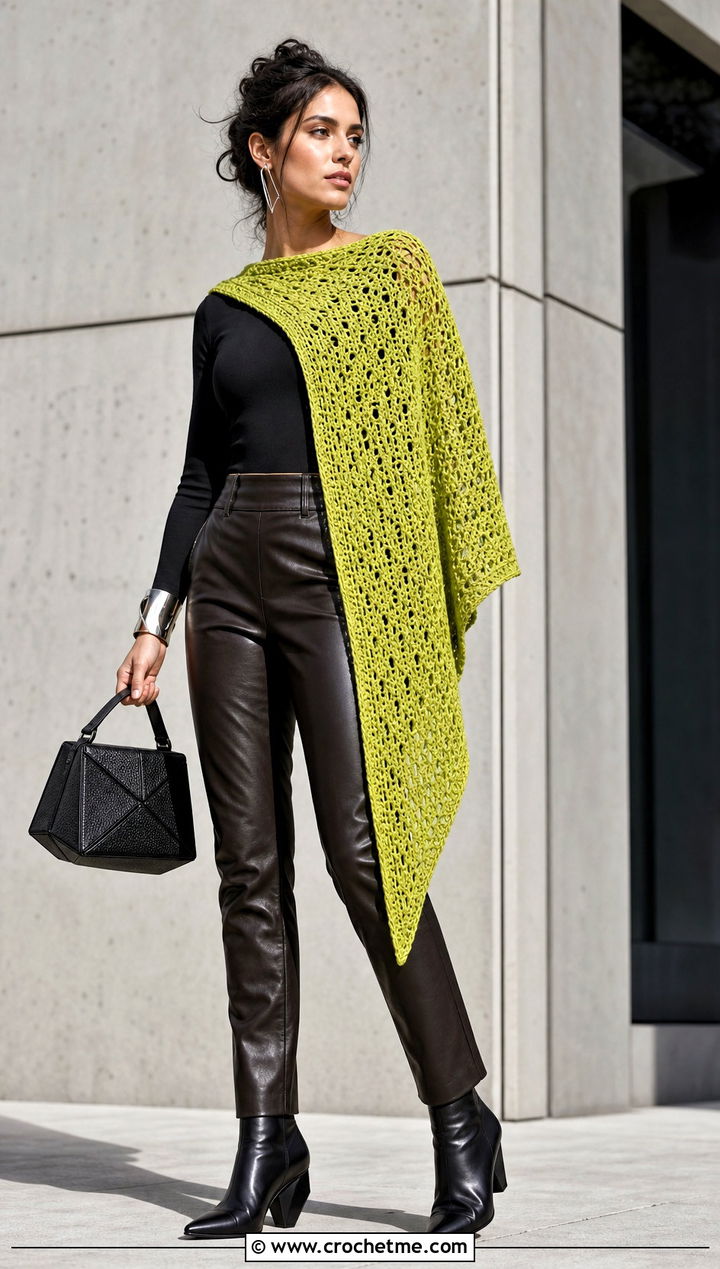 Asymmetrical Crochet Shawl With Leather Pants - 25 crochet for shawls outfit ideas
