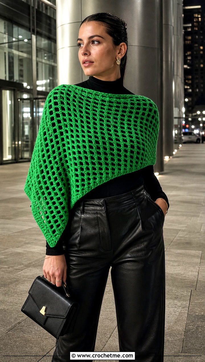 Asymmetrical Crochet Shawl With Leather Pants - 25 Fall Crochet Shawl outfit ideas