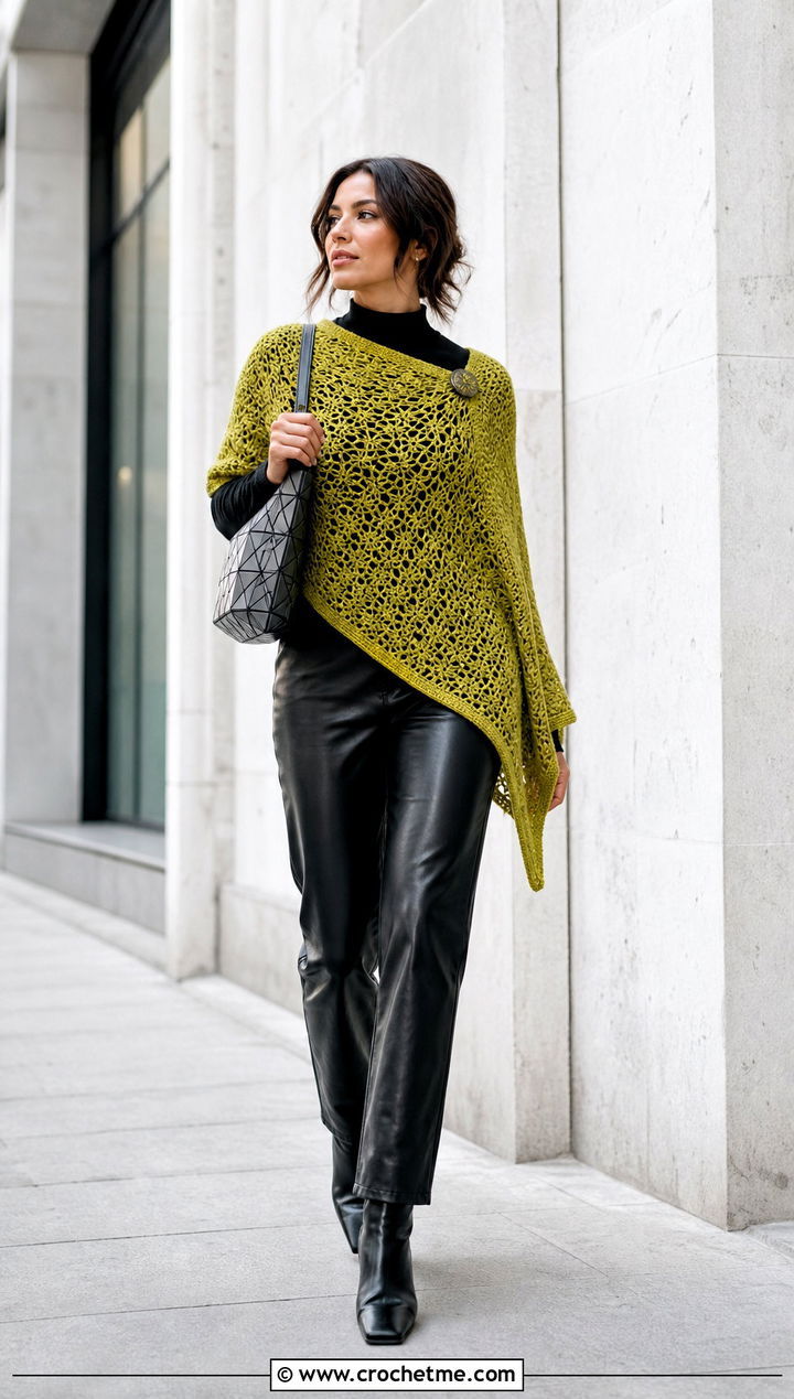 Asymmetrical Crochet Shawl With Leather Pants - 30 crochet shawl wraps outfit ideas