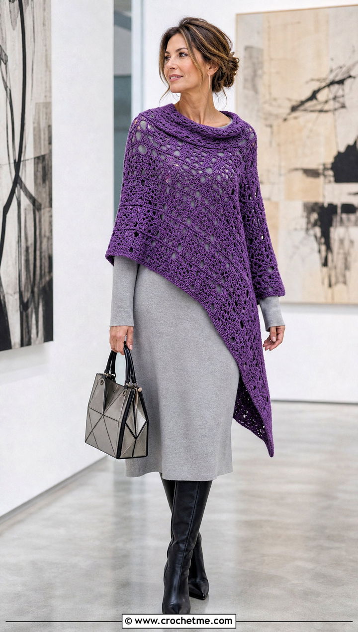 Asymmetrical Crochet Shawl With Sleeves And Minimal Midi Dress - 35 crochet shawl with sleeves outfit ideas