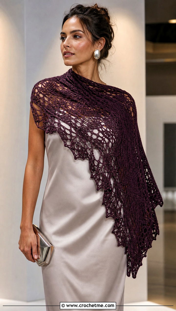 Asymmetrical Crochet Shawl With Slip Dress - 20 Crochet For Shawls And Wraps outfit ideas