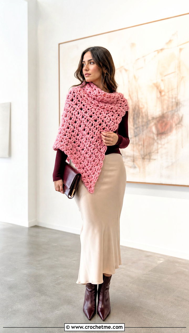 Asymmetrical Crochet Shawl With Slip Skirt - 15 Super Bulky Crochet Shawl outfit ideas