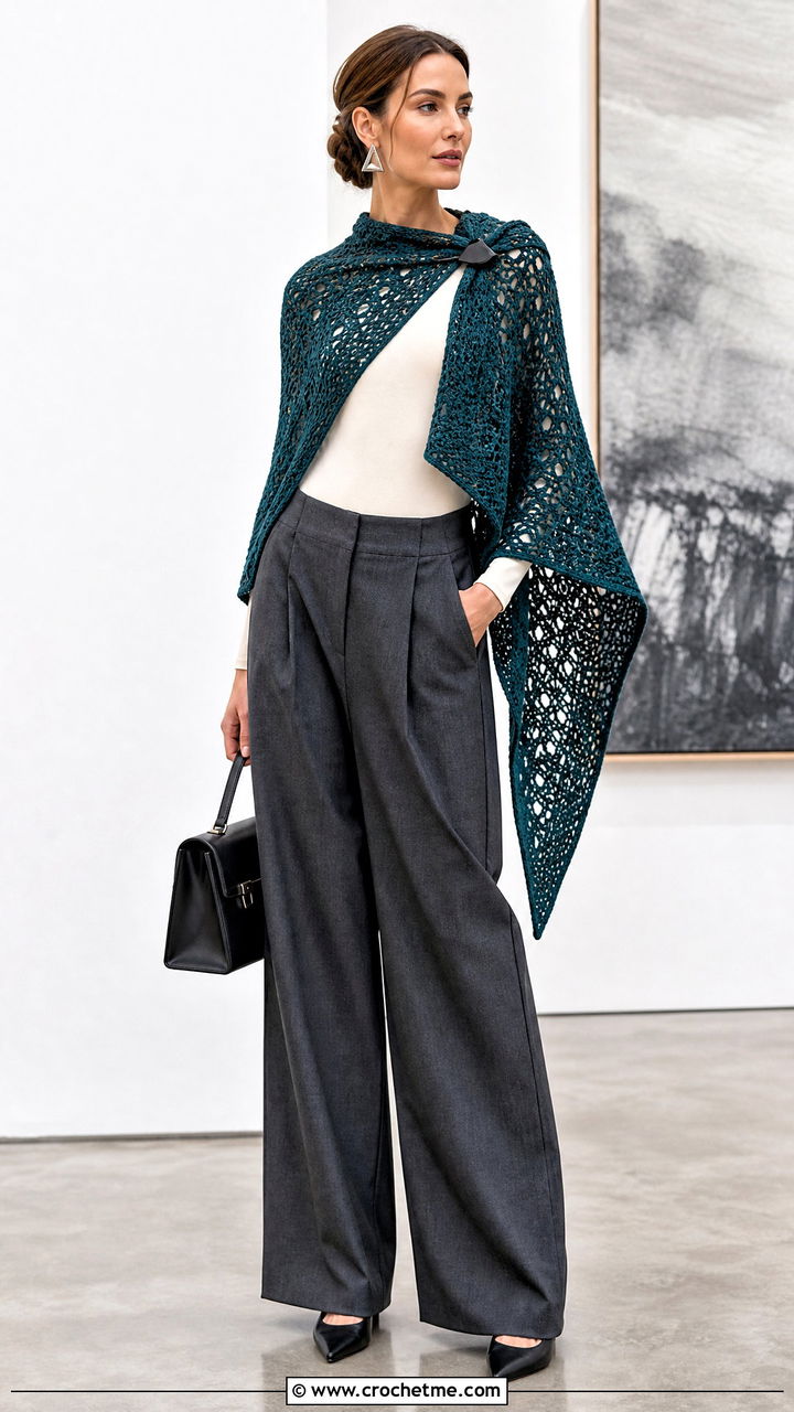 Asymmetrical Crochet Shawl With Wide Leg Trousers - 35 easy simple crochet shawl outfit ideas
