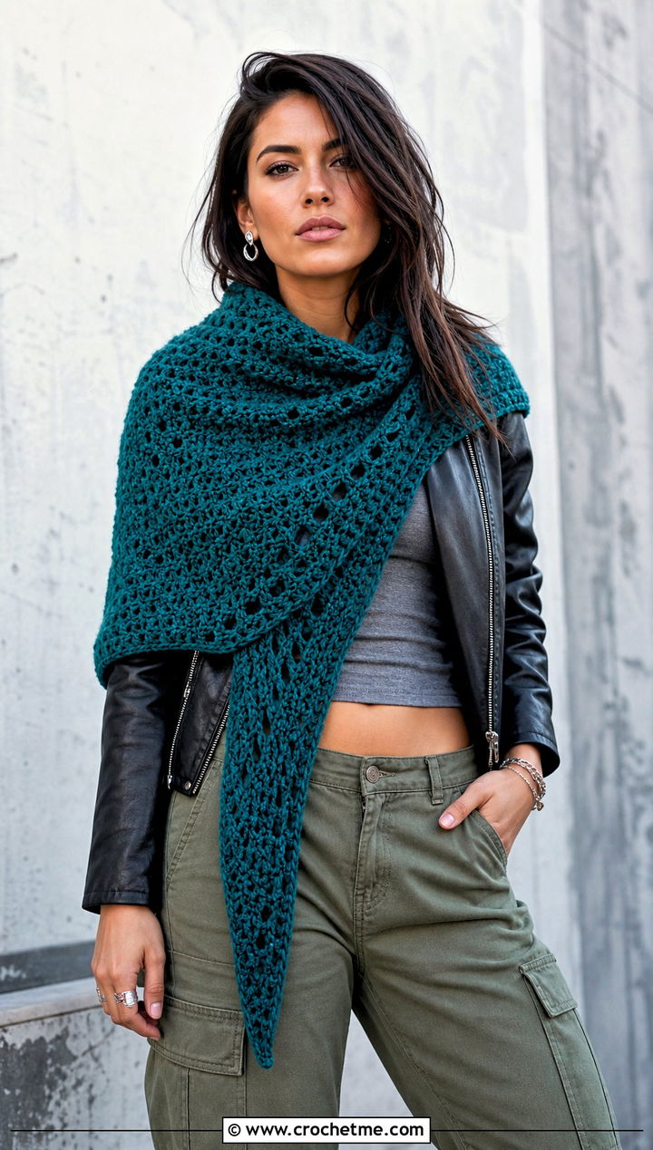 Asymmetrical Crochet Shawl Wrap With Leather Jacket - 15 Crochet Wraps outfit ideas