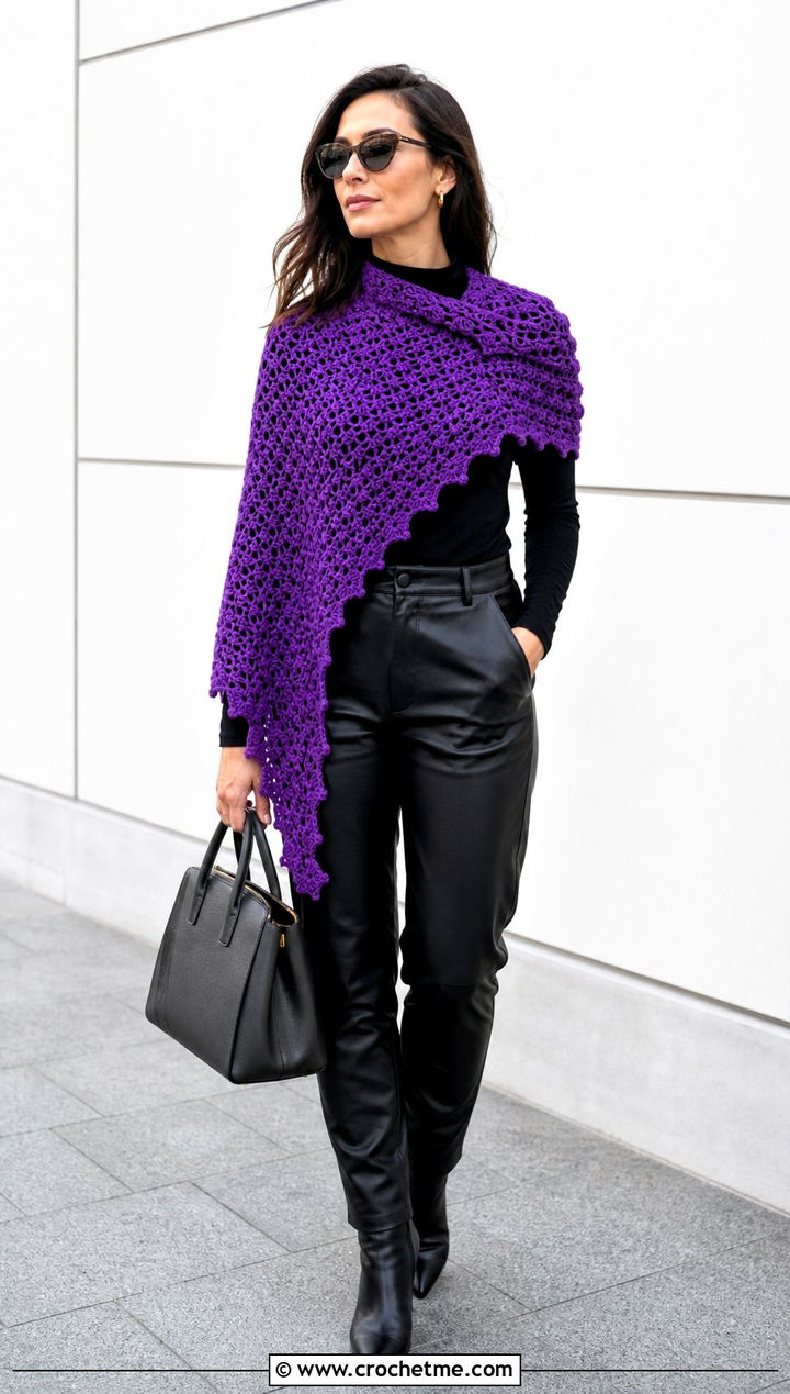 Asymmetrical Crochet Shoulder Shawl With Leather Pants - 25 Crochet Shoulder Shawl outfit ideas