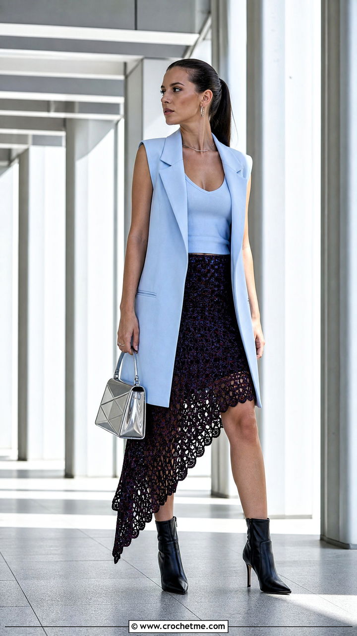 Asymmetrical Crochet Skirt With Longline Vest - 35 crochet skirts outfit ideas