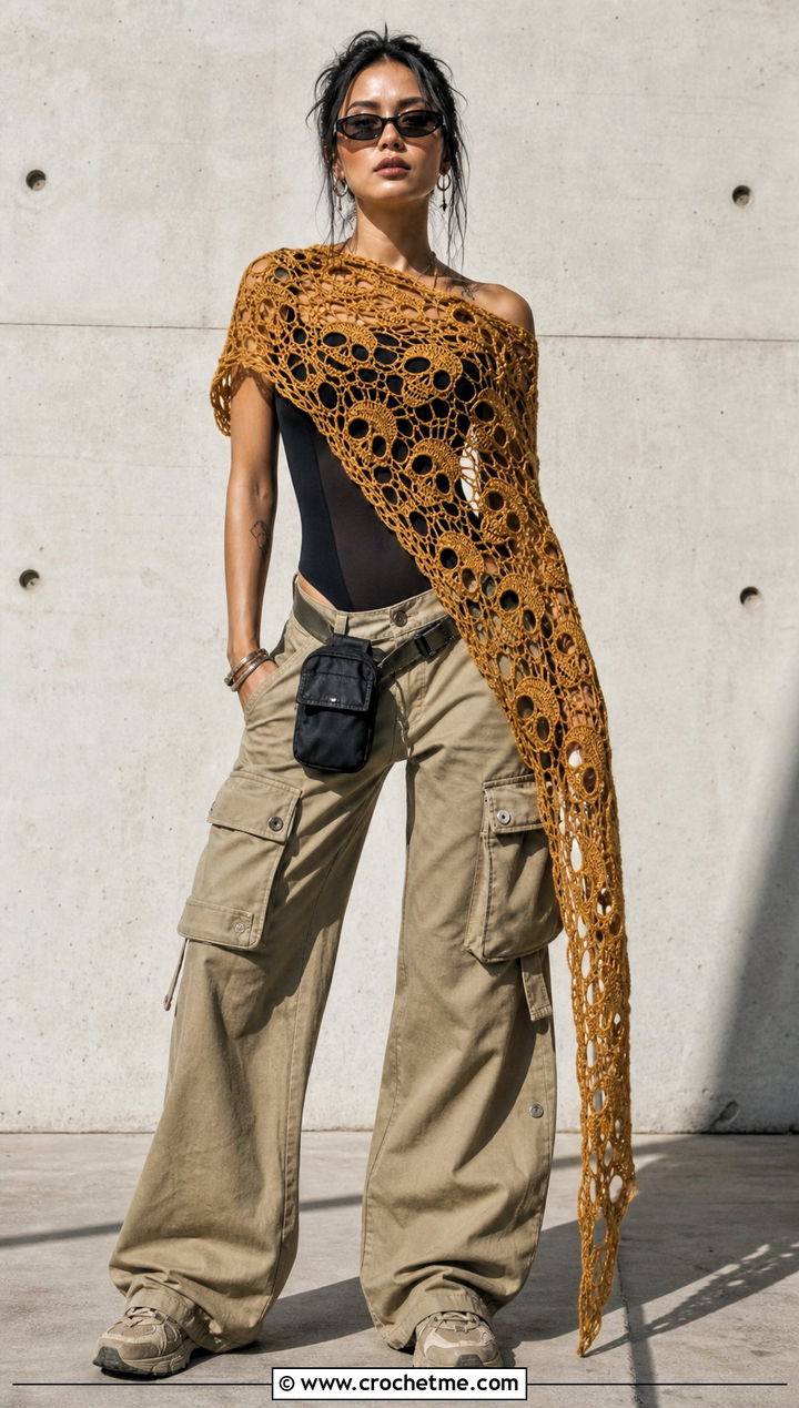 Asymmetrical Crochet Skull Shawl With Cargo Pants - 35 crochet skull shawl outfit ideas