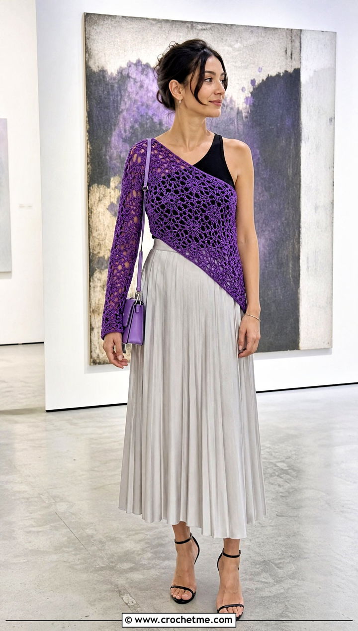 Asymmetrical Crochet Sleeve Top With Pleated Skirt - 20 Super Cropped Crochet Sweater outfit ideas