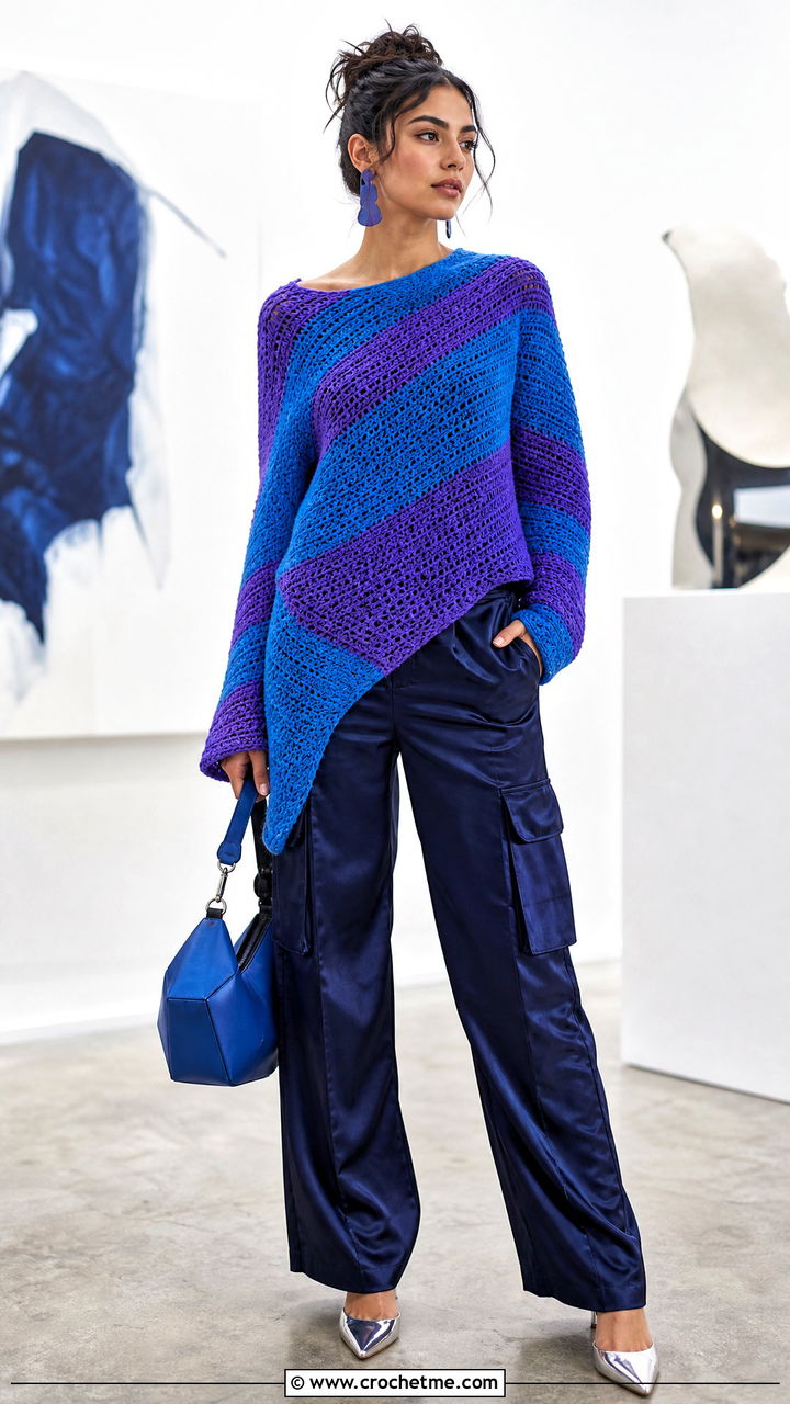 Asymmetrical Crochet Striped Sweater With Satin Cargo Pants - 35 crochet striped sweater outfit ideas