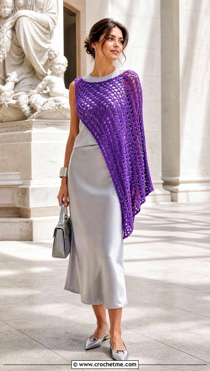 Asymmetrical Crochet Summer Poncho With Satin Midi Skirt - 35 crochet summer poncho outfit ideas