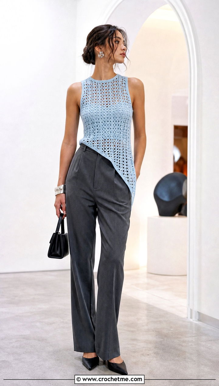 Asymmetrical Crochet Summer Vest With Straight Leg Trousers - 35 Crochet Summer Vest outfit ideas