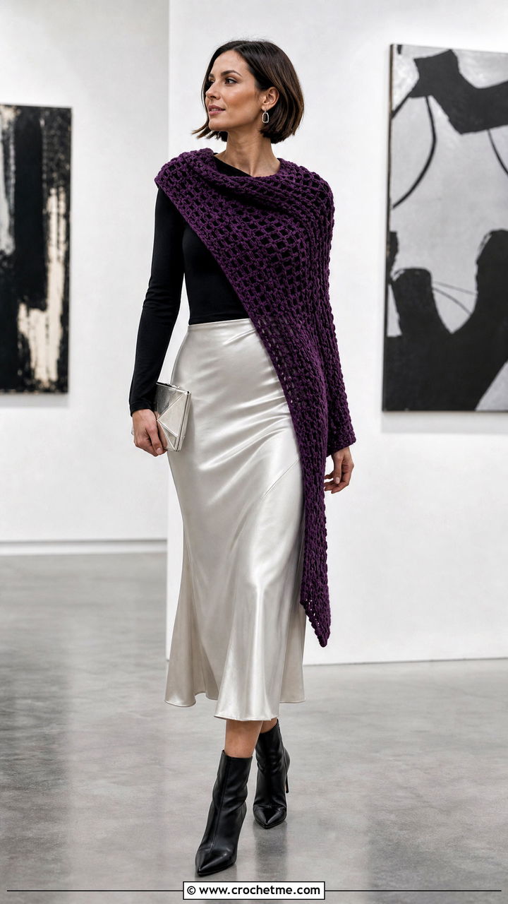 Asymmetrical Crochet Sweater Scarf With Satin Skirt - 35 crochet sweater scarf outfit ideas