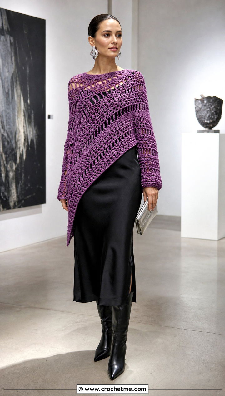 Asymmetrical Crochet Sweater Shawl With Black Slip Dress - 25 crochet sweater shawl outfit ideas