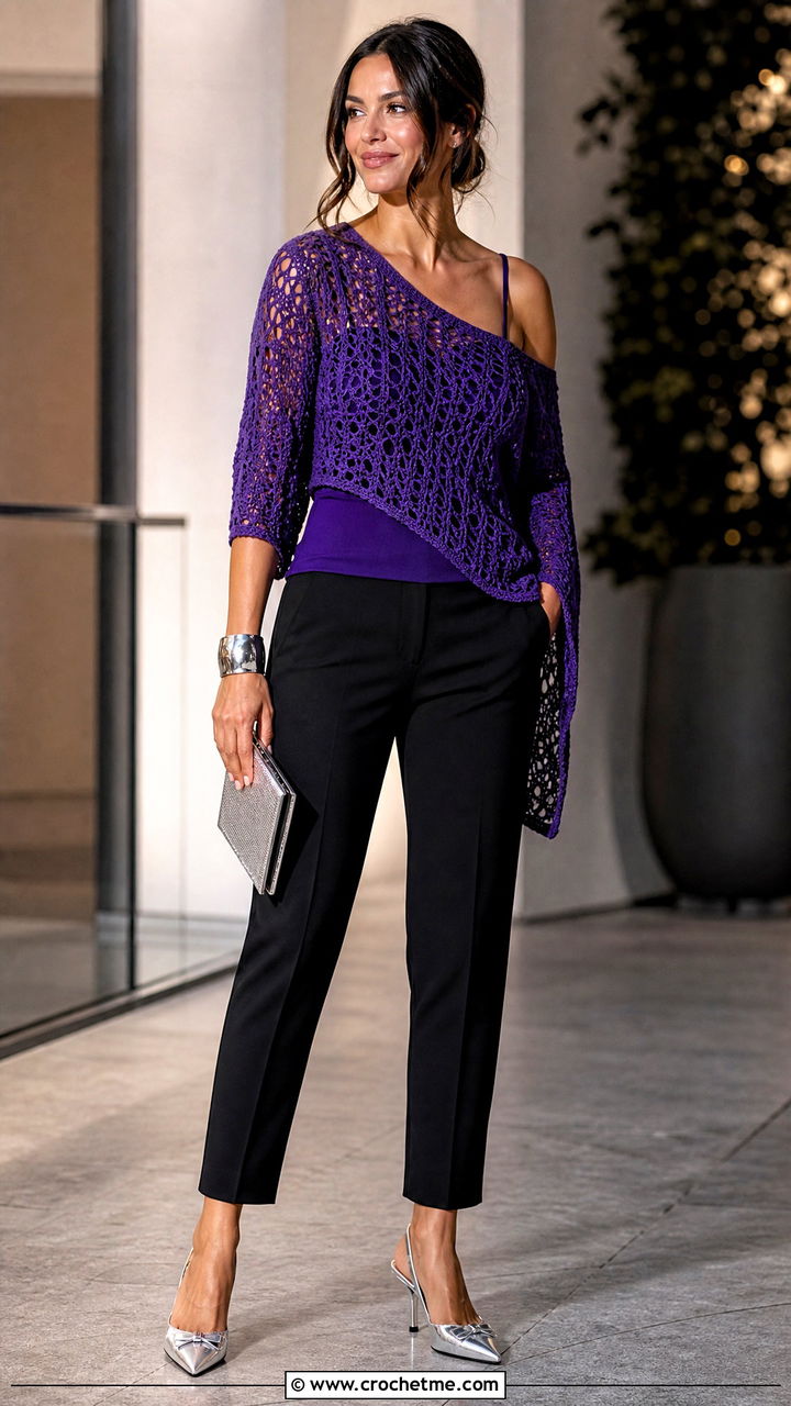 Asymmetrical Crochet Sweater With Cigarette Pants - 35 crochet sweater ideas