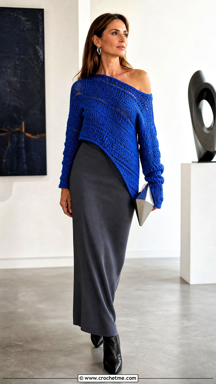 Asymmetrical Crochet Sweater With Column Skirt - 35 crochet sweaters women outfit ideas