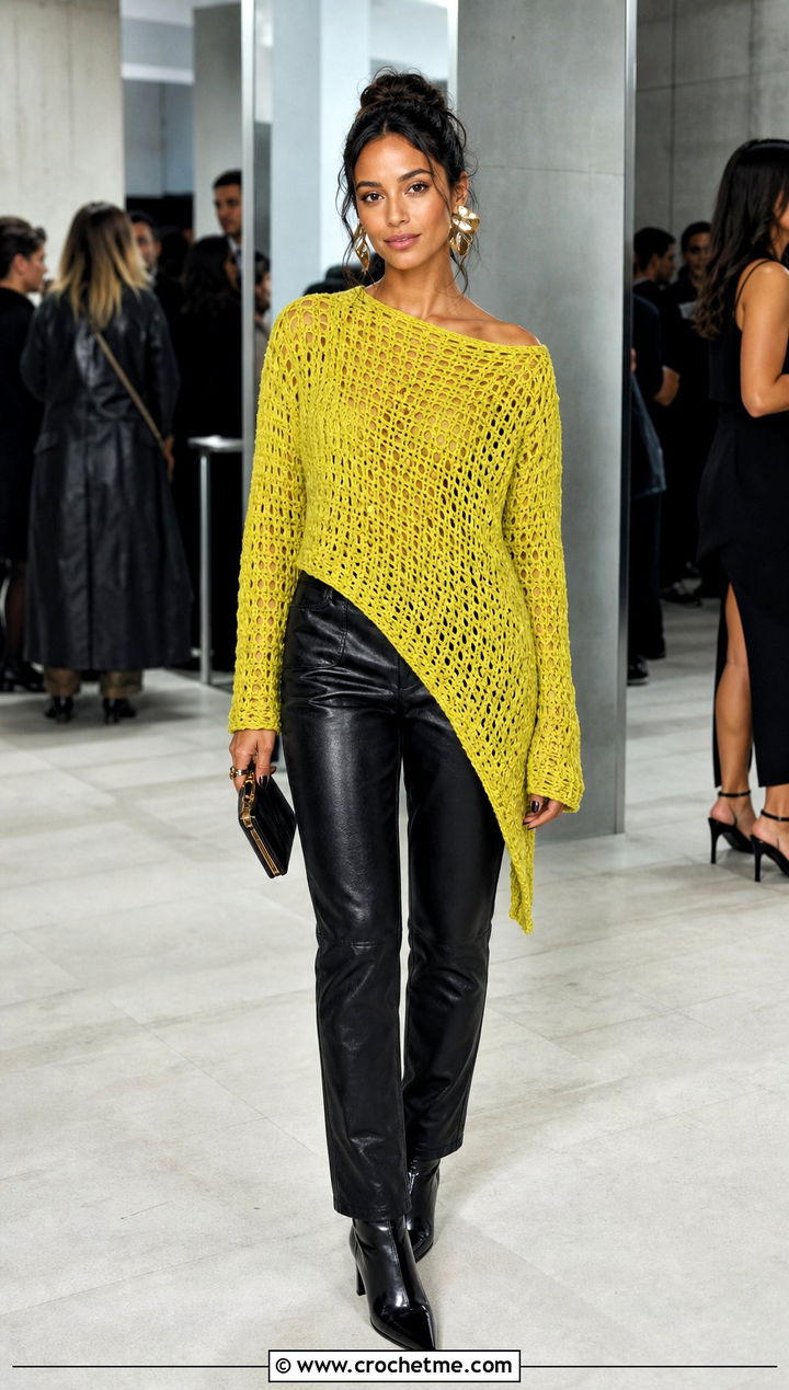 Asymmetrical Crochet Sweater With Leather Pants - 30 cool crochet sweater outfit ideas
