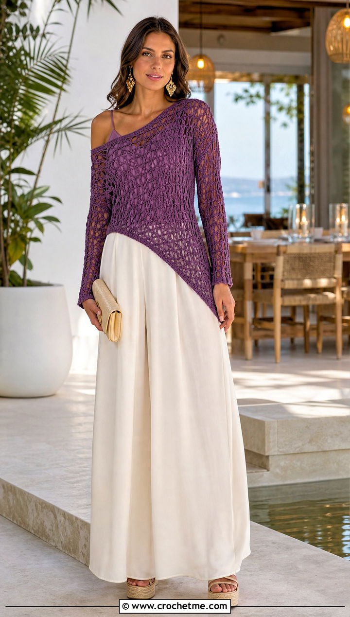 Asymmetrical Crochet Sweater With Palazzo Pants - 35 crochet sweater women outfit ideas