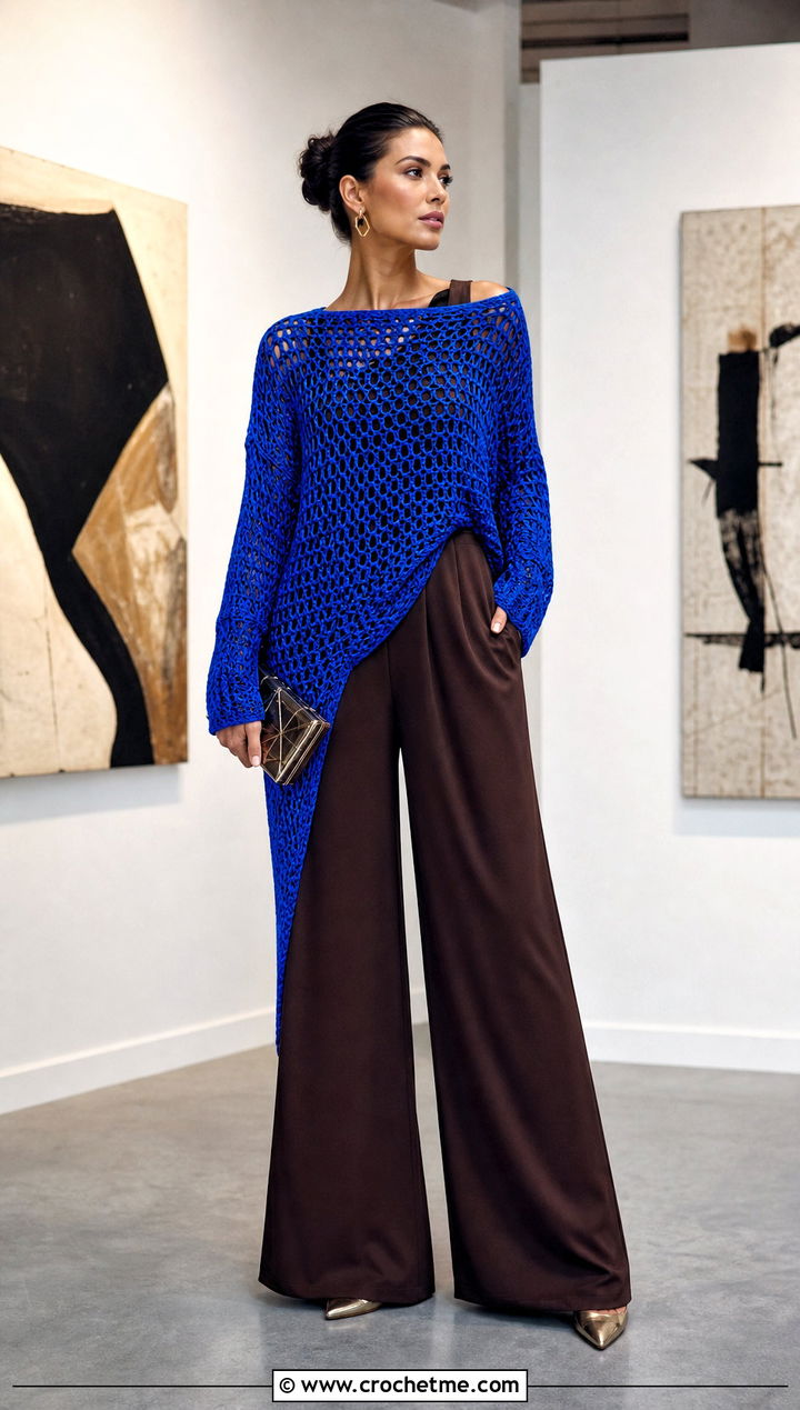 Asymmetrical Crochet Sweater With Wide Leg Jumpsuit - 15 vibrant crochet sweater design outfit ideas